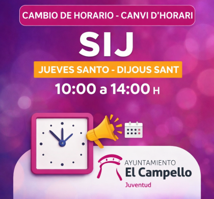 Con motivo de Semana Santa, el Servicio de Información Juvenil (SIJ) modificará su horario:/Amb motiu de Setmana Santa, el Servici d’Informació Juvenil (SIJ) modificarà el seu horari: